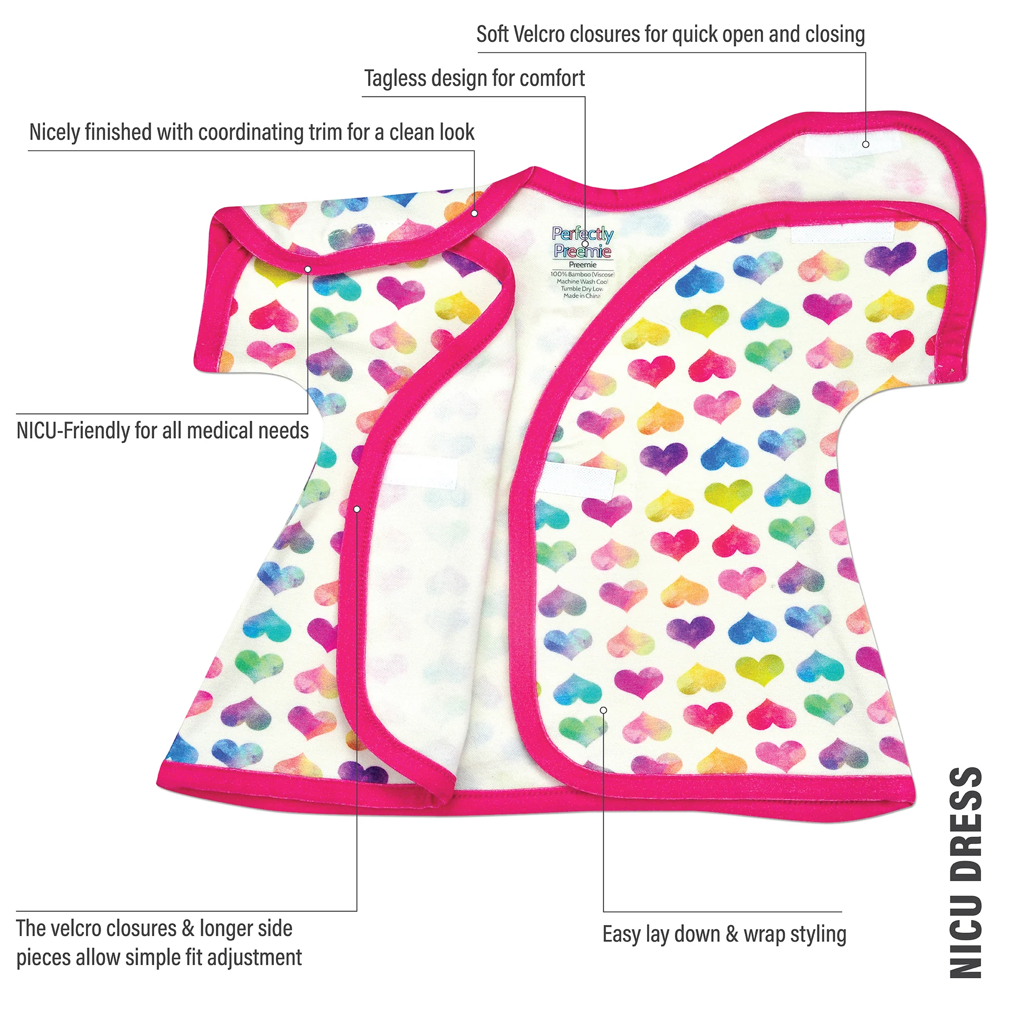 Colorful Hearts Bamboo NICU Dress - Image 4