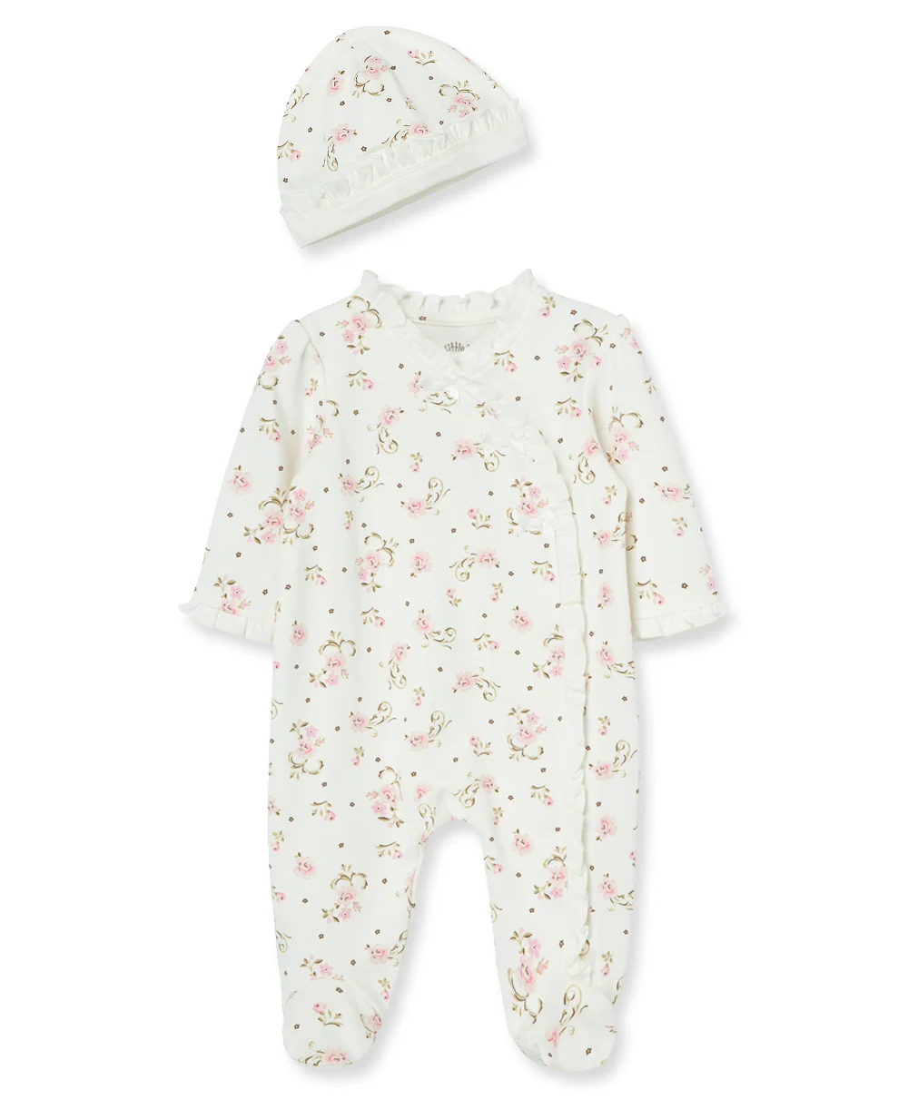 Vintage Rose Snap Footie & Hat Set