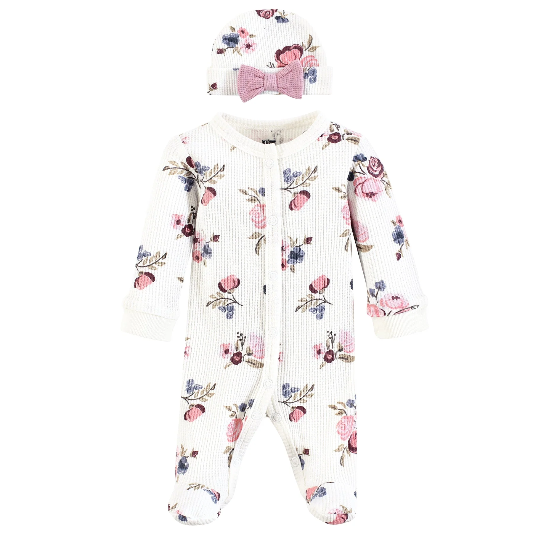 Dusty Rose Floral Thermal Footie & Hat Set