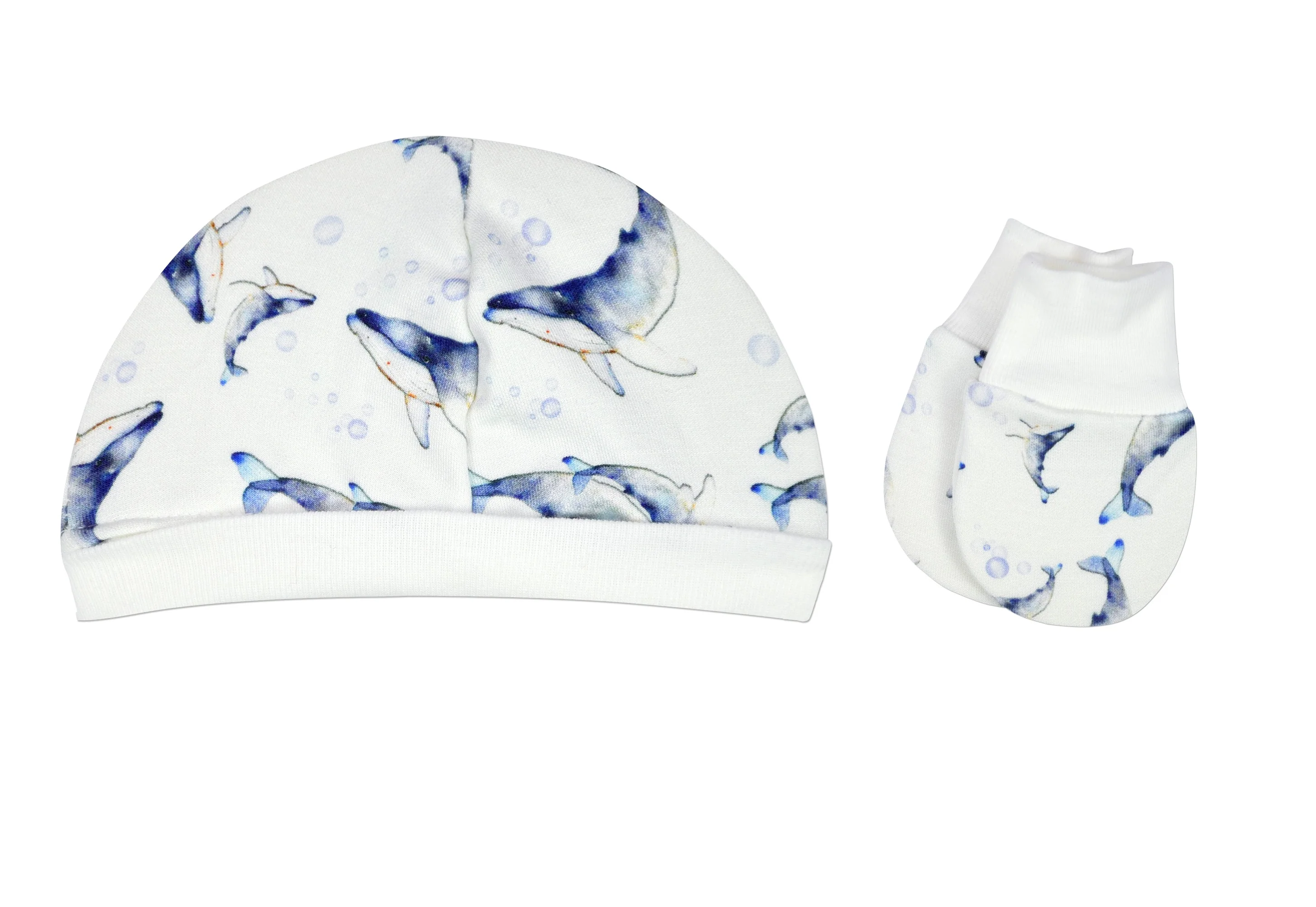 Whales Bamboo Cap & Mitten Set